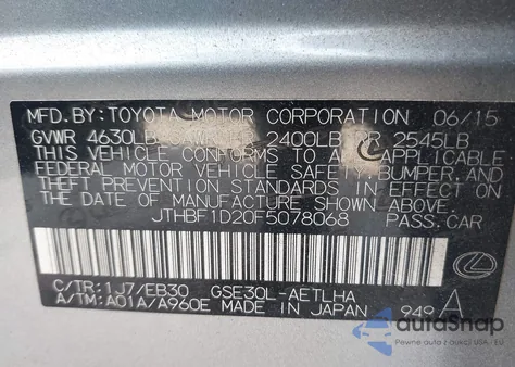 2015 Lexus Is 250 из США, поврежденный, VIN JTHBF1D20F5078068